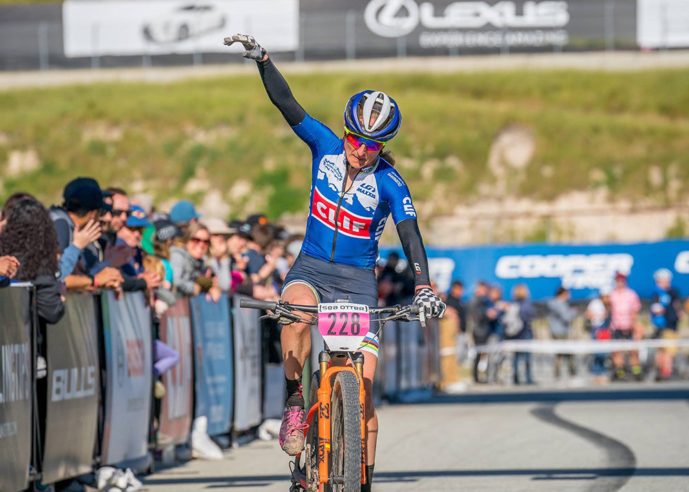 Catharine celebrating a great result at the 2019 Sea Otter Classic.
