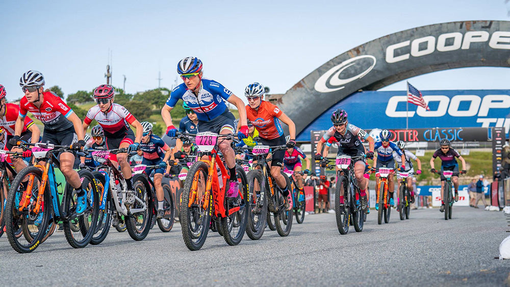 Catharine and the rest of the women's field captured right after the start at the Sea Otter Classic.