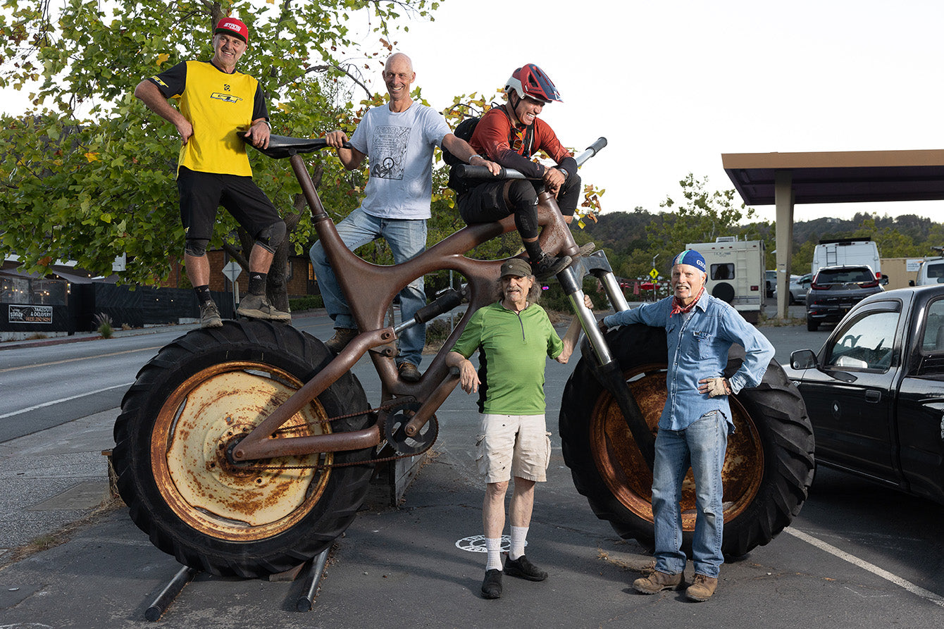Legendary Riders (from left) Hans Rey, Otis Guy, Brett Tippie, Charlie Kelly, and Joe Breeze Outside the Marin Museum of Bicycling